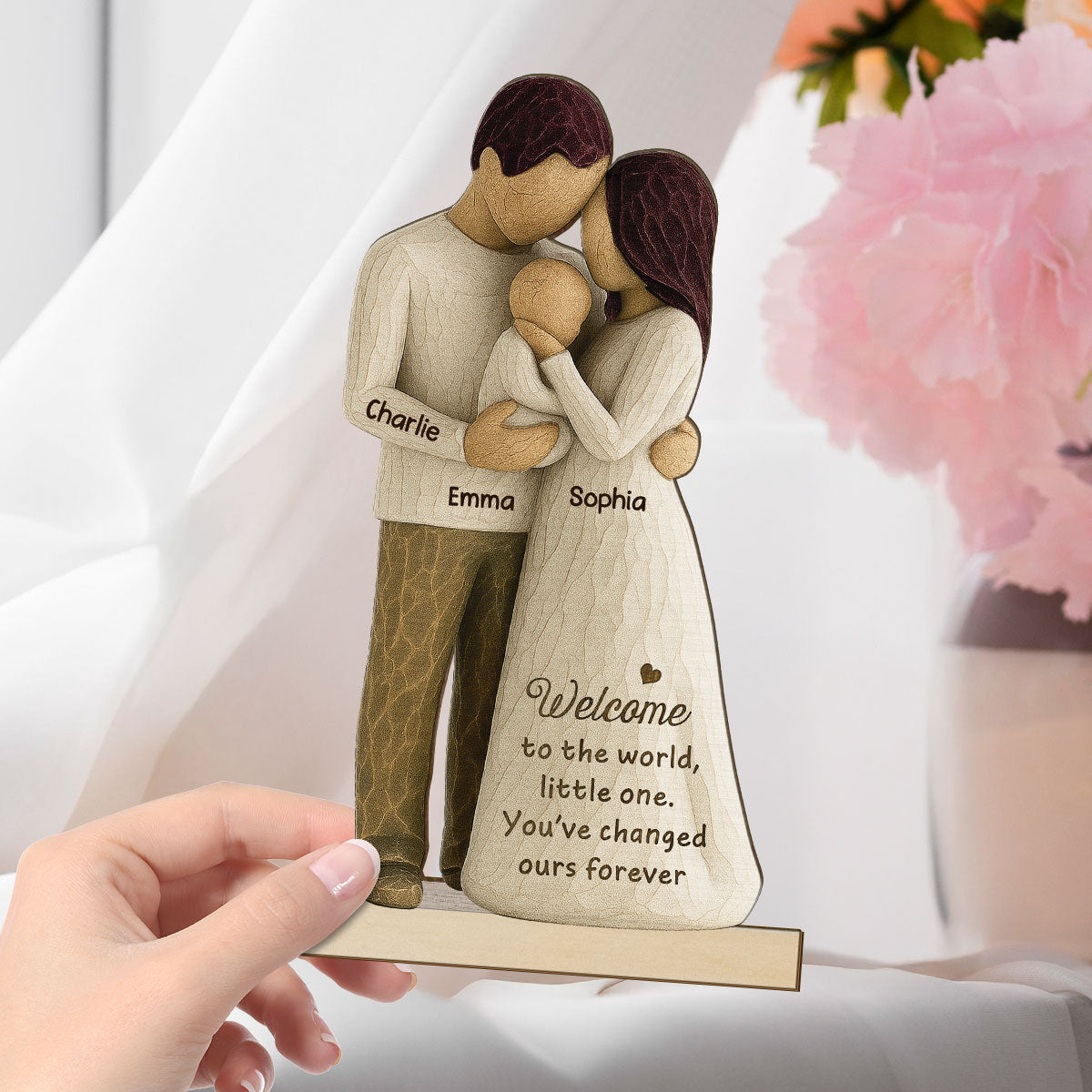 Welcome To The World First Time Parents Couple & Baby 3D Effect Personalized Standing Wooden Plaque, Gift For First Time Parents