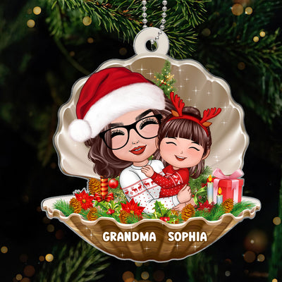 Doll Grandma Hugging Grandkid In Pearl Shell Christmas Gift For Granddaughter Grandson Personalized Acrylic Ornament