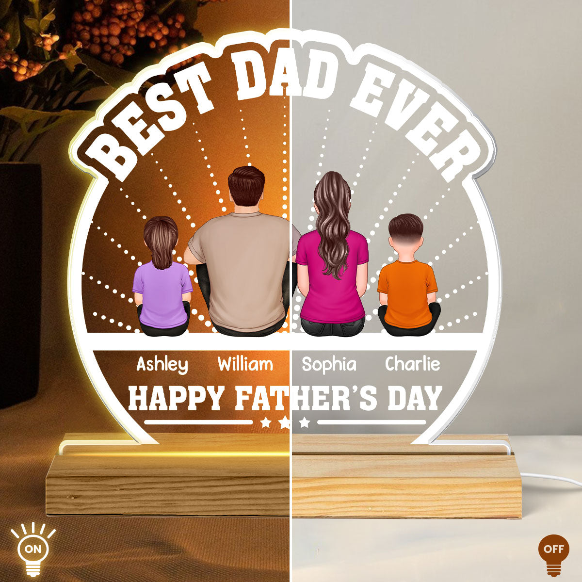 Best Dad Ever Back View Man Kids Dog Cat - Personalized Acrylic LED Night Light - Gift For Dad