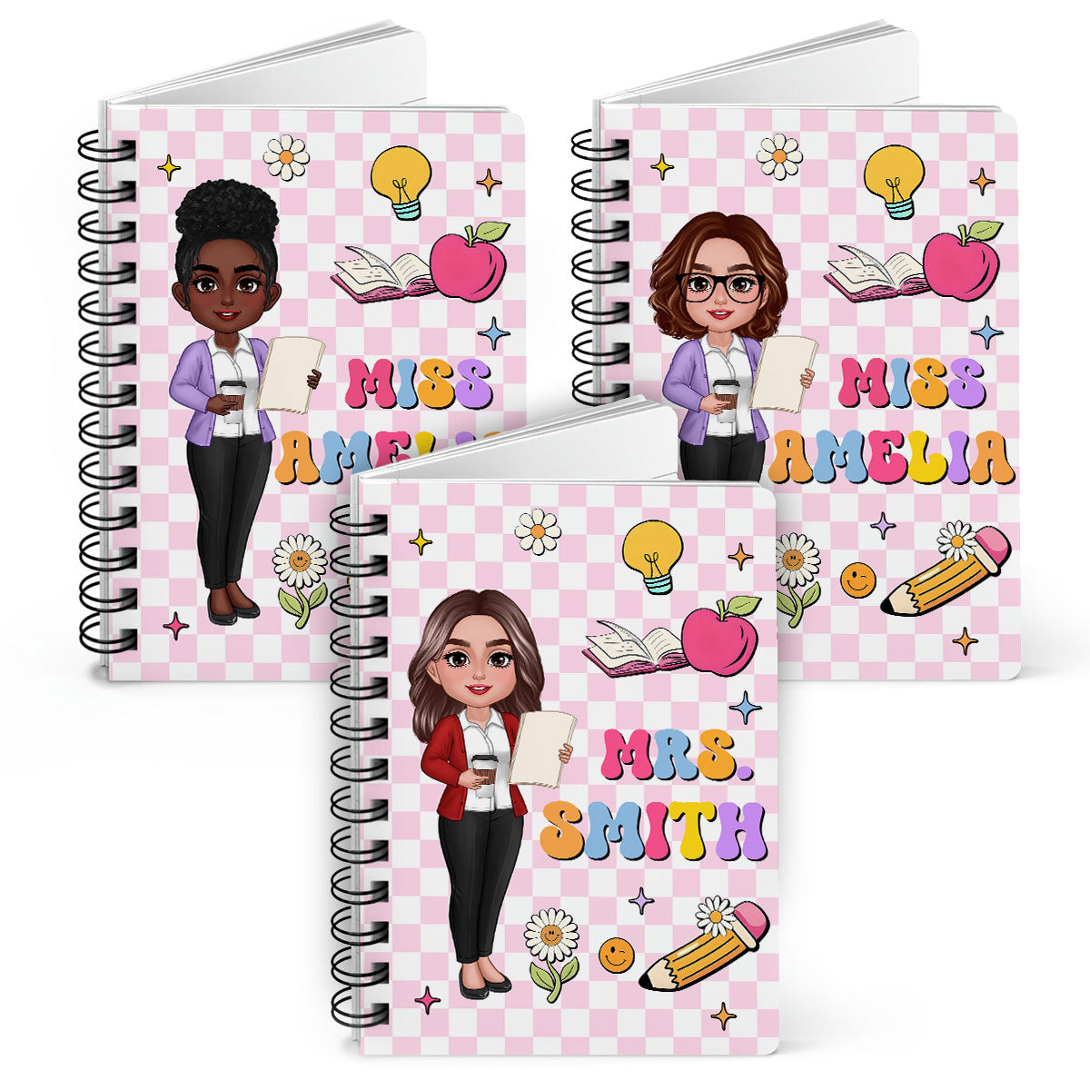 Groovy School Things Teacher Name Personalized Spiral Notebook Journal, Back To School Stationery