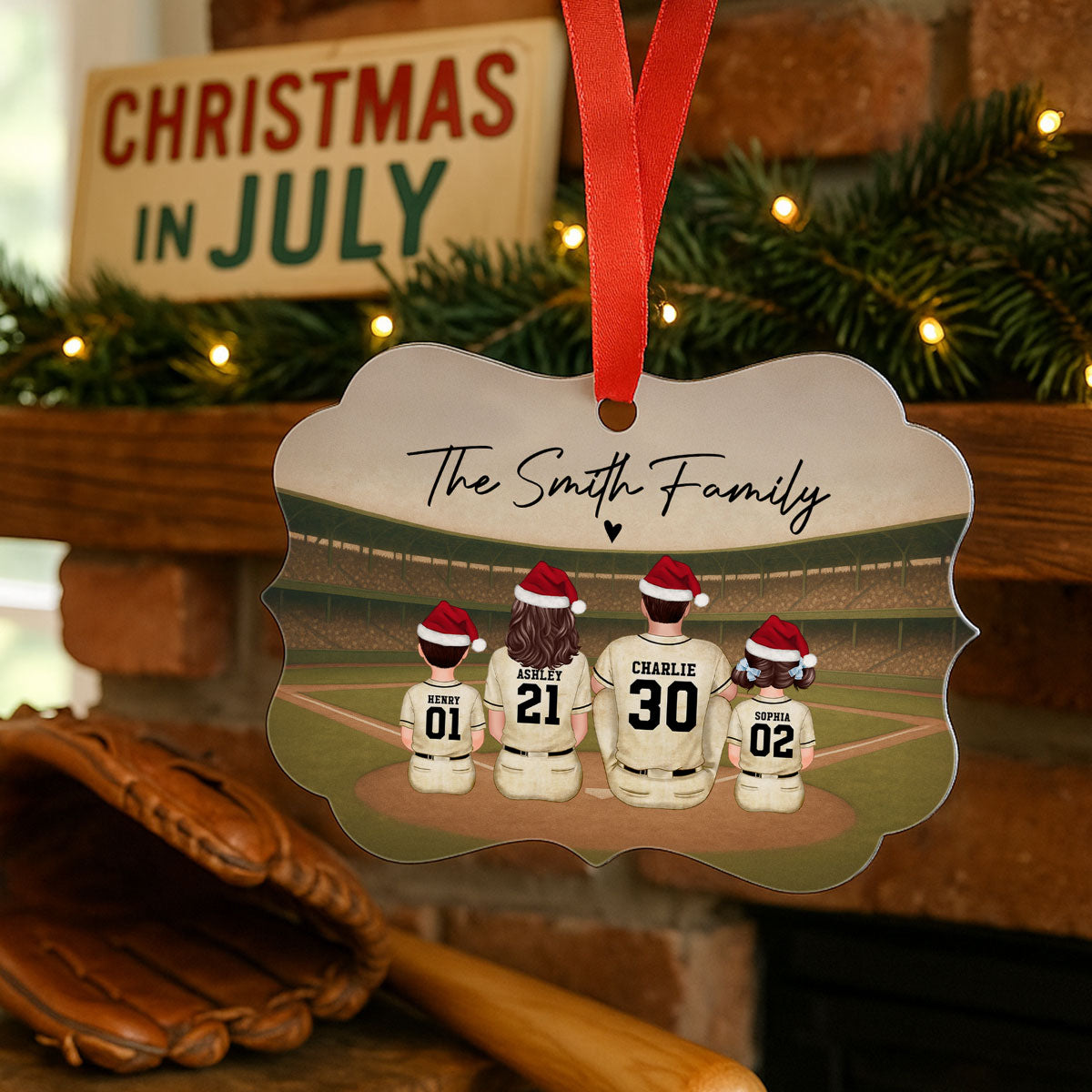 Retro Vintage Baseball Family Christmas Personalized Aluminum Ornament, Christmas in July