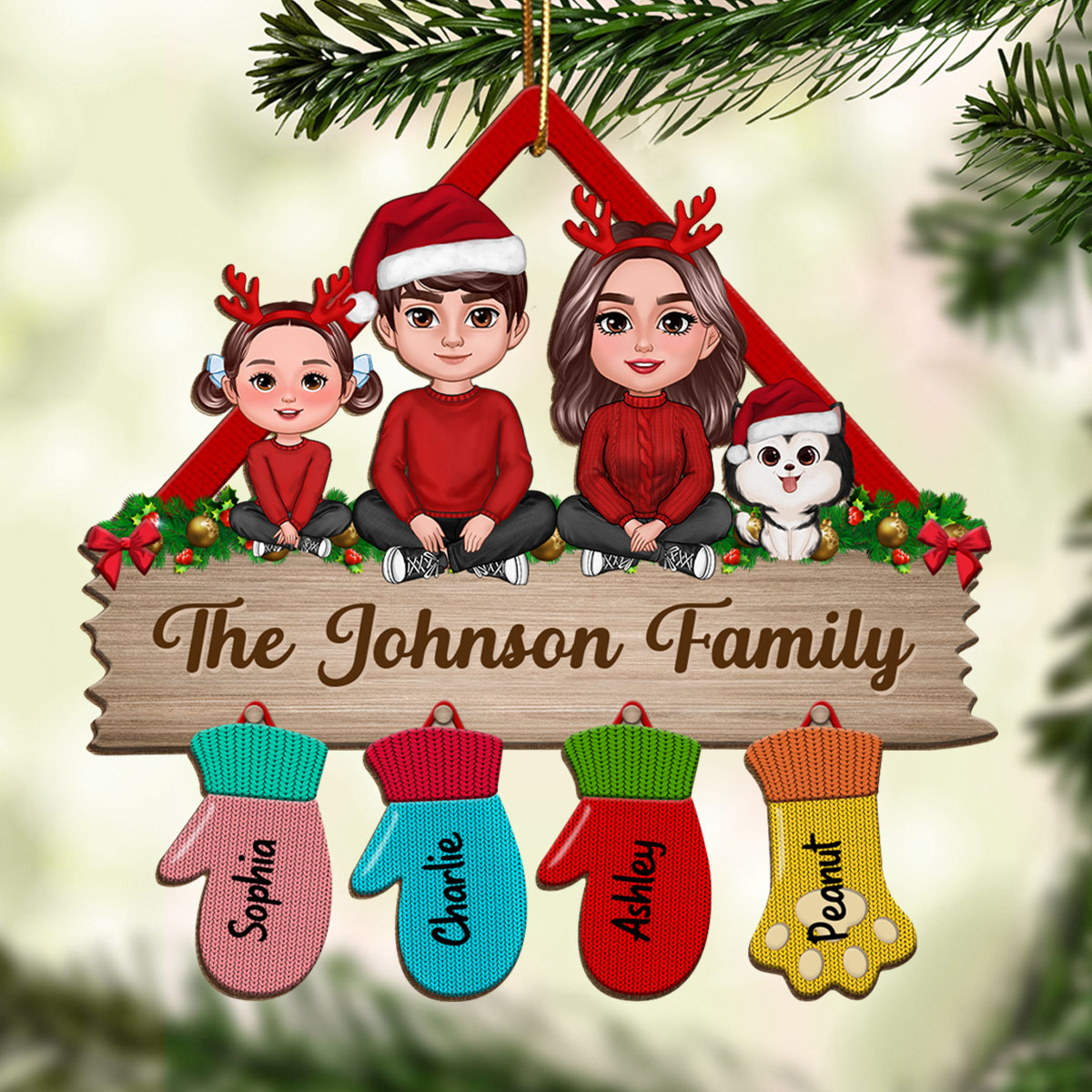 Happy Family Sitting Christmas Glove Personalized Wooden Ornament