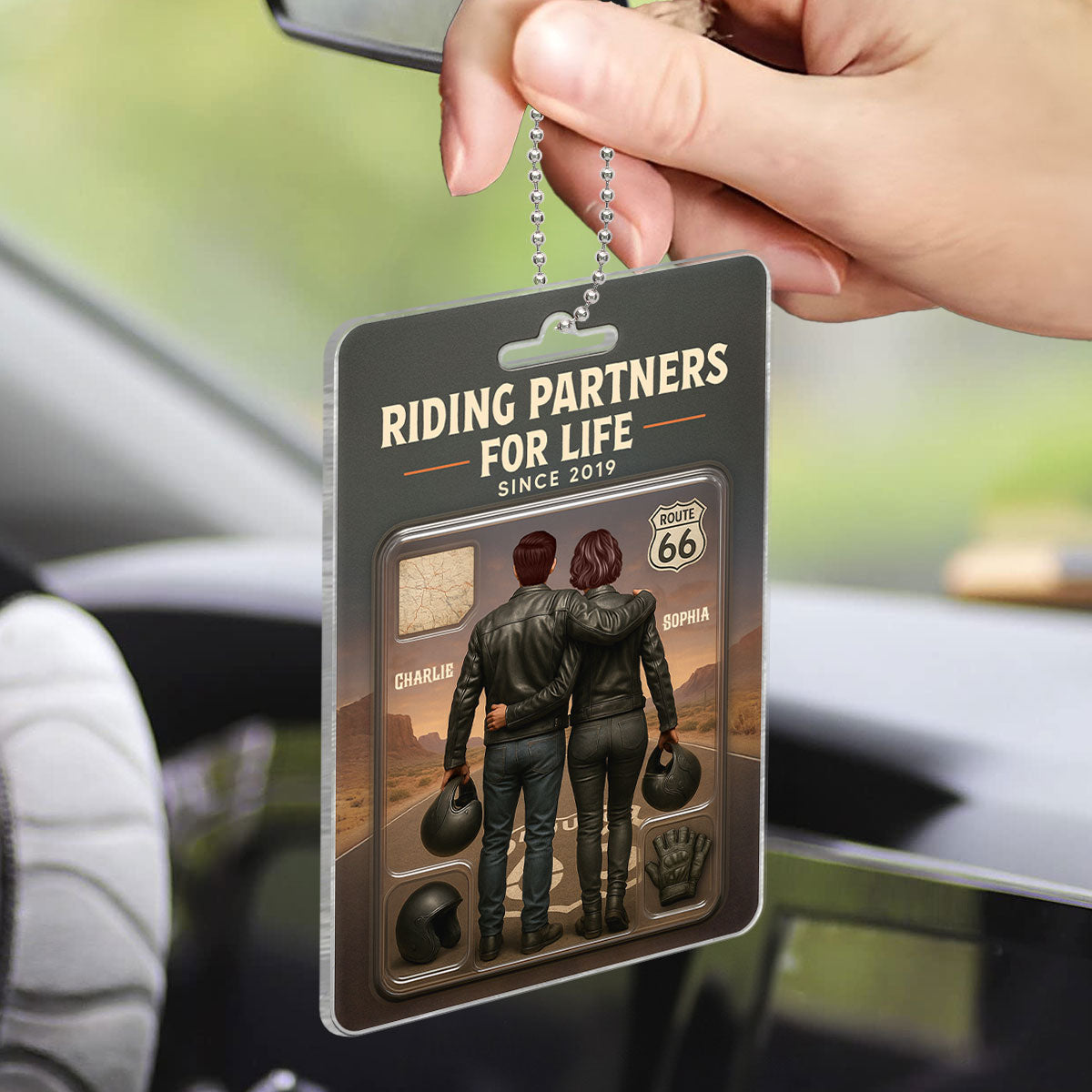 3D Effect Custom Figure Couple Bikers Riding Partners For Life Personalized Acrylic Car Hanger