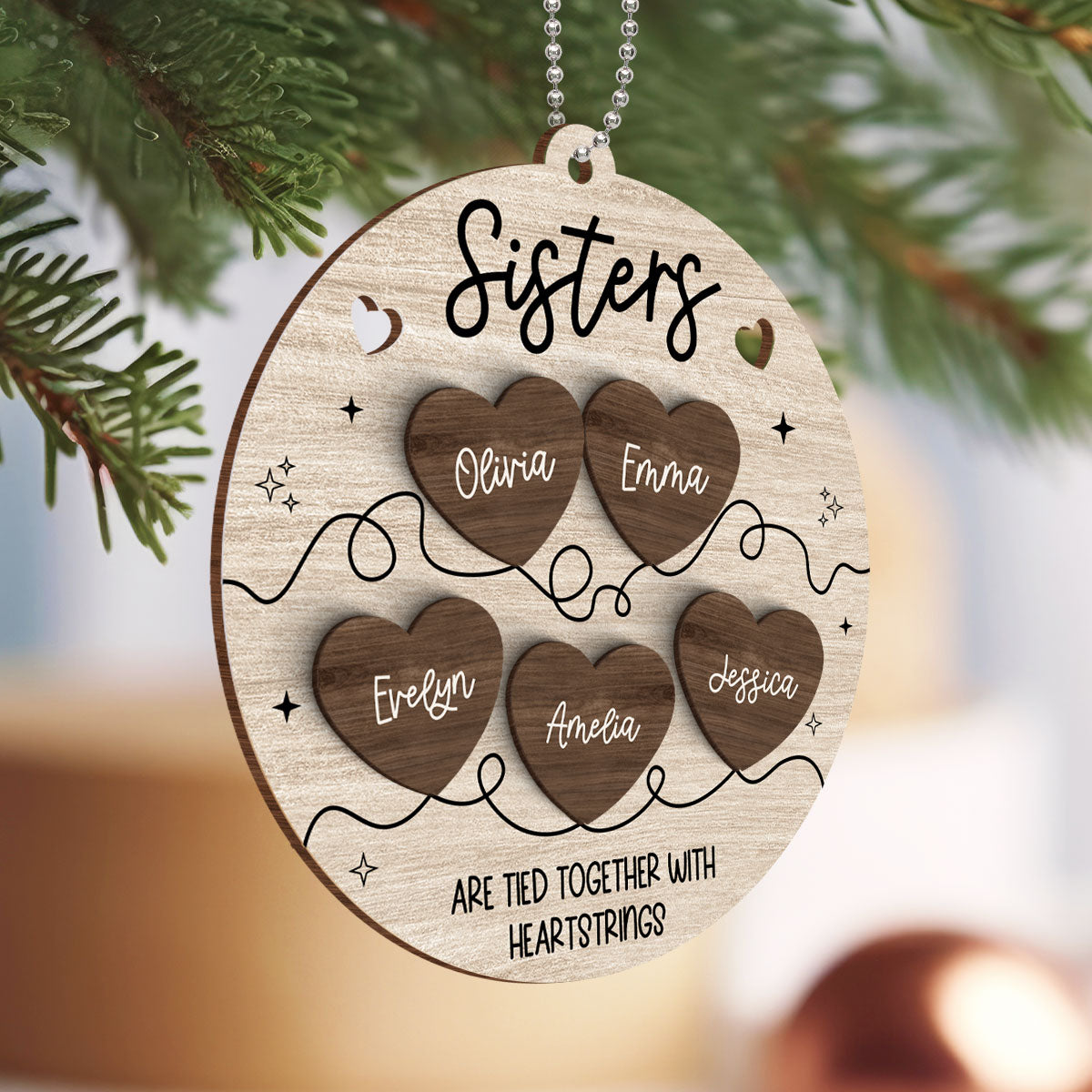 Besties Sisters Are Tied Together With Heart Strings Christmas Personalized 2-Layer Wooden Ornament