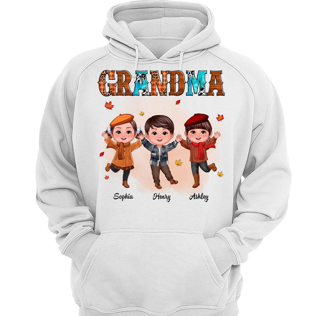 Grandma Teal And Leopard Fall Season Happy Doll Grandkids Personalized Shirt