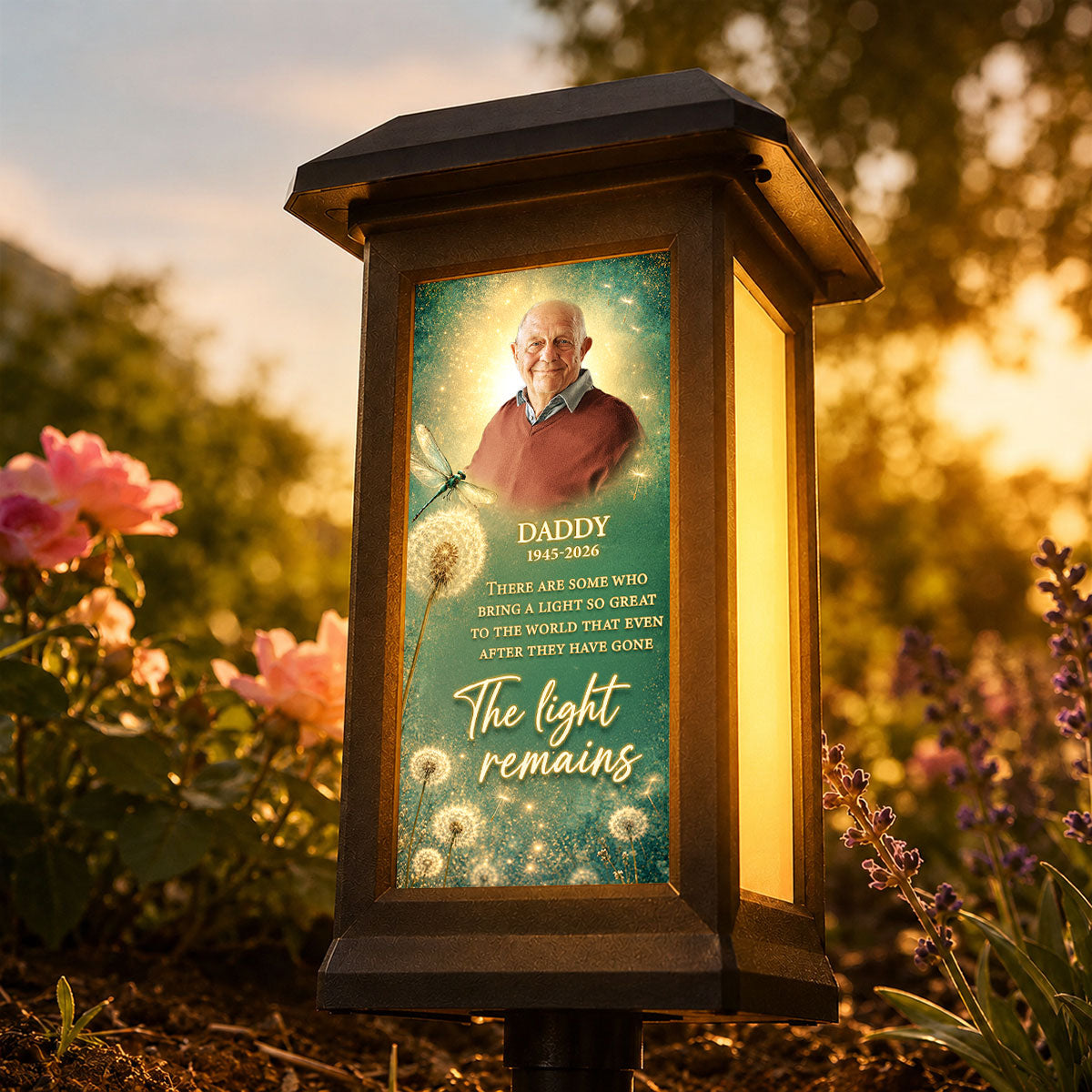 The Light Remains Memorial Dragonfly Dandelion - Personalized Solar Lantern Light - Heartfelt Sympathy Gift for Loved Ones