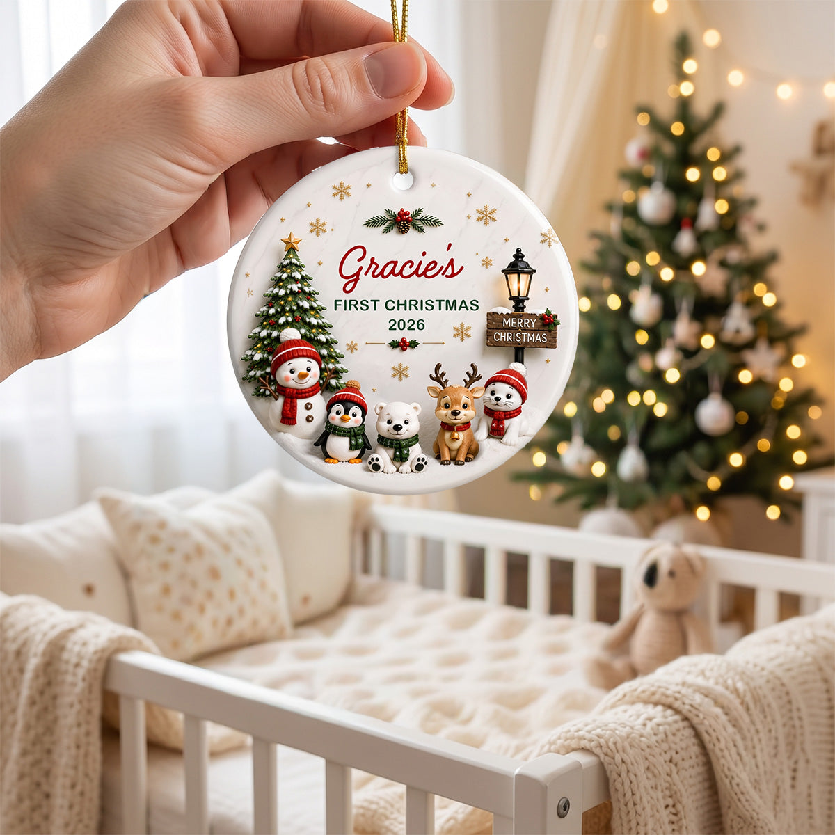 Cute Winter Friends Baby’s First Christmas - Personalized Ceramic 2026 Ornament – Christmas Keepsake