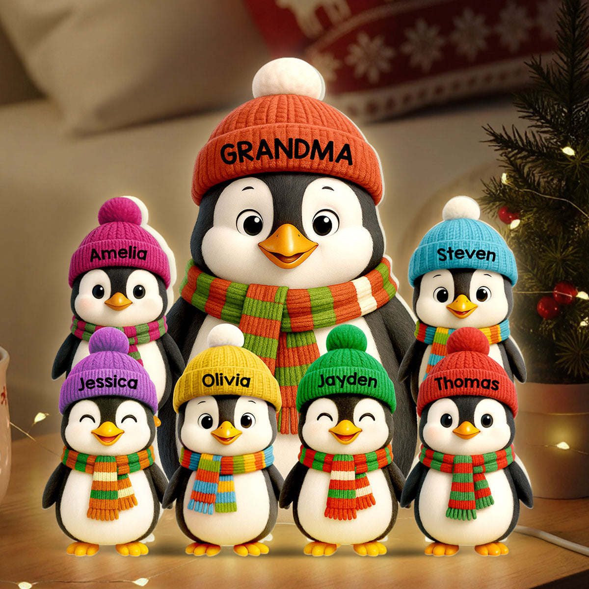 3D Effect Heartwarming Christmas Penguins Grandma Grandkids - Personalized Light Box