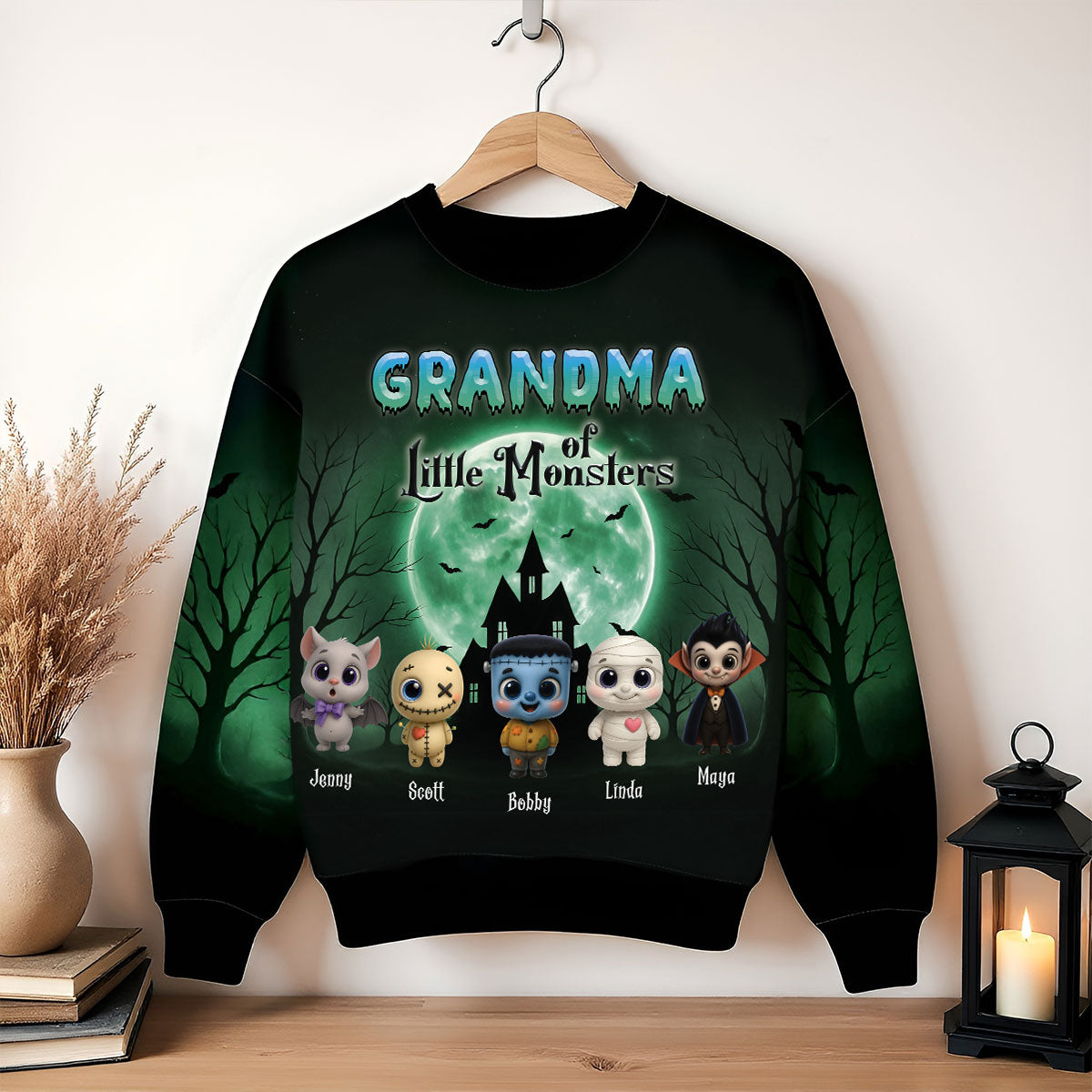 Grandma Mom Little Monsters Teal Theme Personalized 3D Sweatshirt, Halloween gift for Grandma
