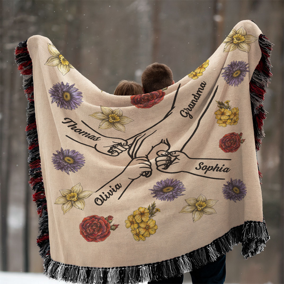 Birth Month Flower Grandma Mom And Kids Holding Hands Personalized Tapestry Woven Blanket