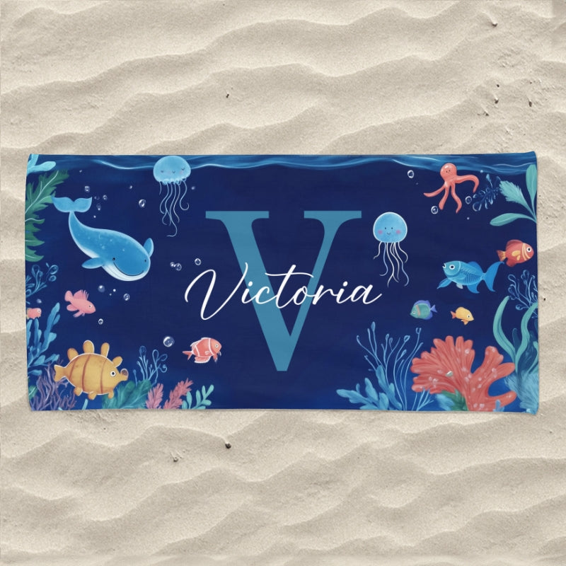 Personalized Ocean World Cute Animal Personalized Beach Towel with Initial and Name, Summer Travel, Accessories Gift for Boy Girl, Bath Towel