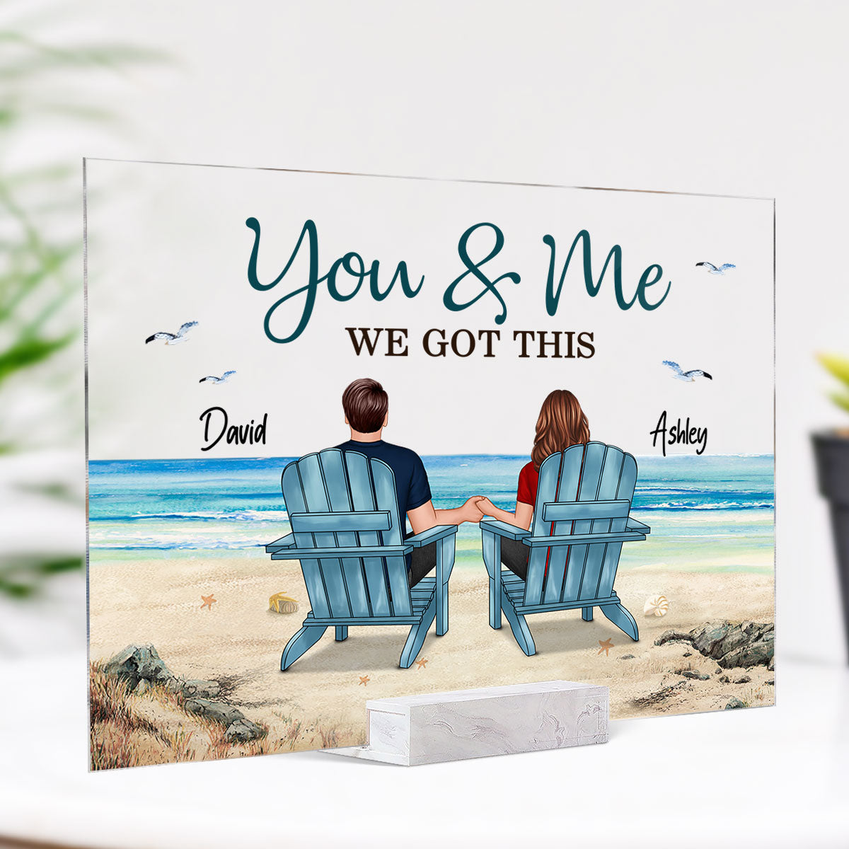 Back View Couple Sitting Beach Landscape - Personalized Acrylic Plaque - Anniversary Gift For Him, Gift For Her