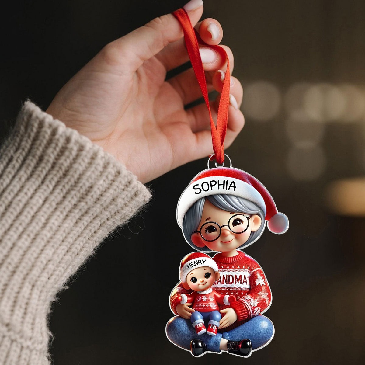 3D Effect Grandma Grandkids Sitting Crossed Legs Personalized Acrylic Ornament, Christmas Gift for Grandma, Granddaughter Grandson