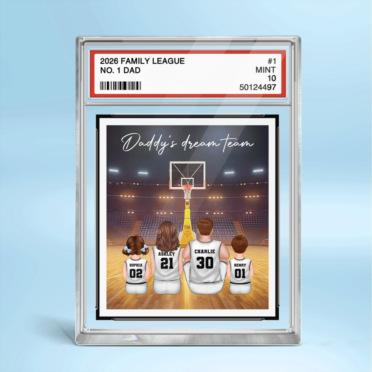 Basketball Daddy's Dream Team No. 1 Dad Man & Kids Sitting Trading Card Style - Personalized Acrylic Block Plaque