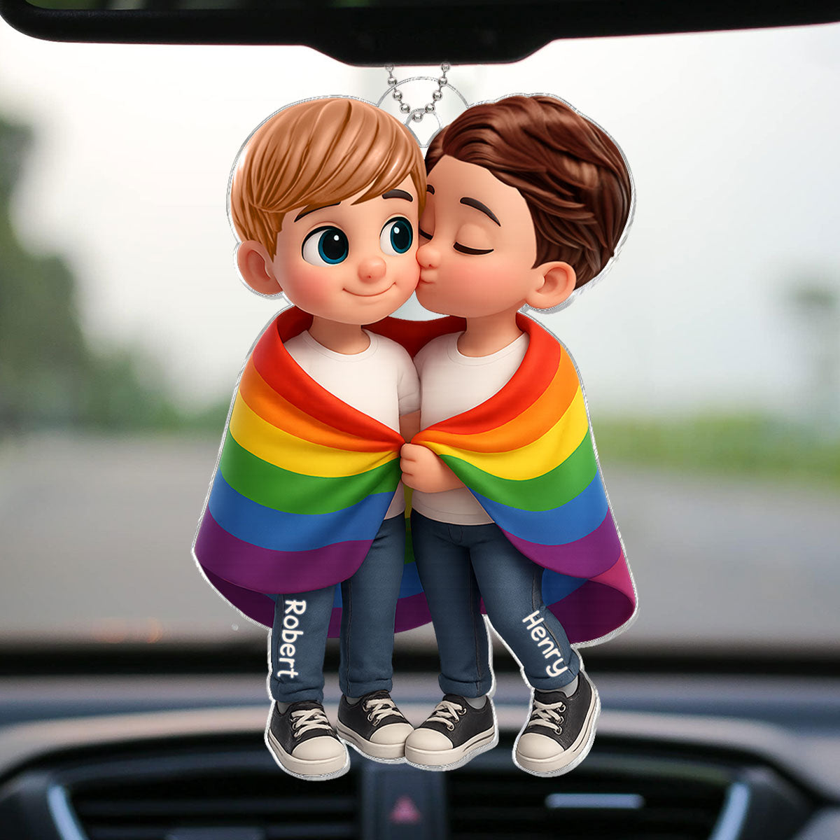 Pride Month LGBTQ+ Couple Love Is Love Personalized Acrylic Car Hanger, Gift For Couple