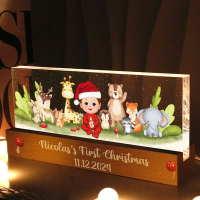 Woodland Animals Baby Christmas Personalized Acrylic Block LED Night Light