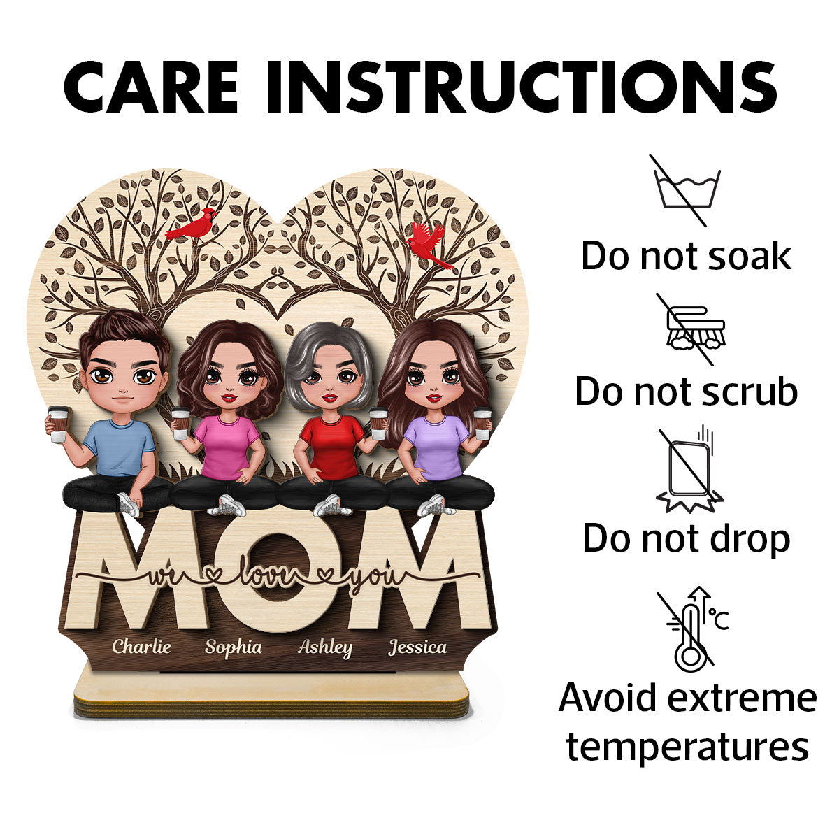 We Love You Mom Heart Tree Personalized 2-Layer Standing Wooden Plaque