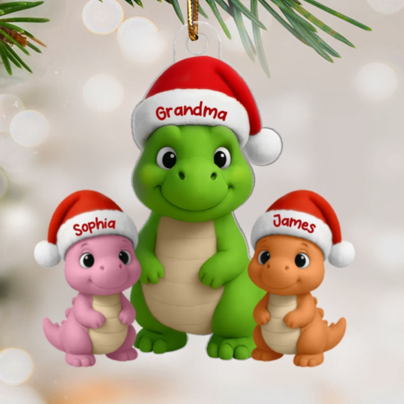 3D Effect Happy Grandmasaurus With Dinosaur Grandkids - Personalized Acrylic Ornament
