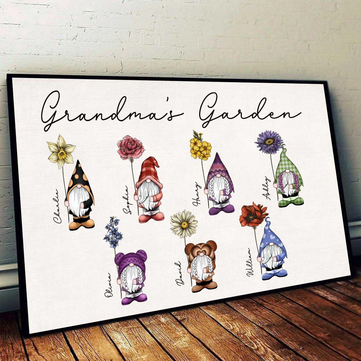 Grandma‘s Garden Beautiful Vintage Birth Flowers Cute Custom Gnomes Personalized Horizontal Poster