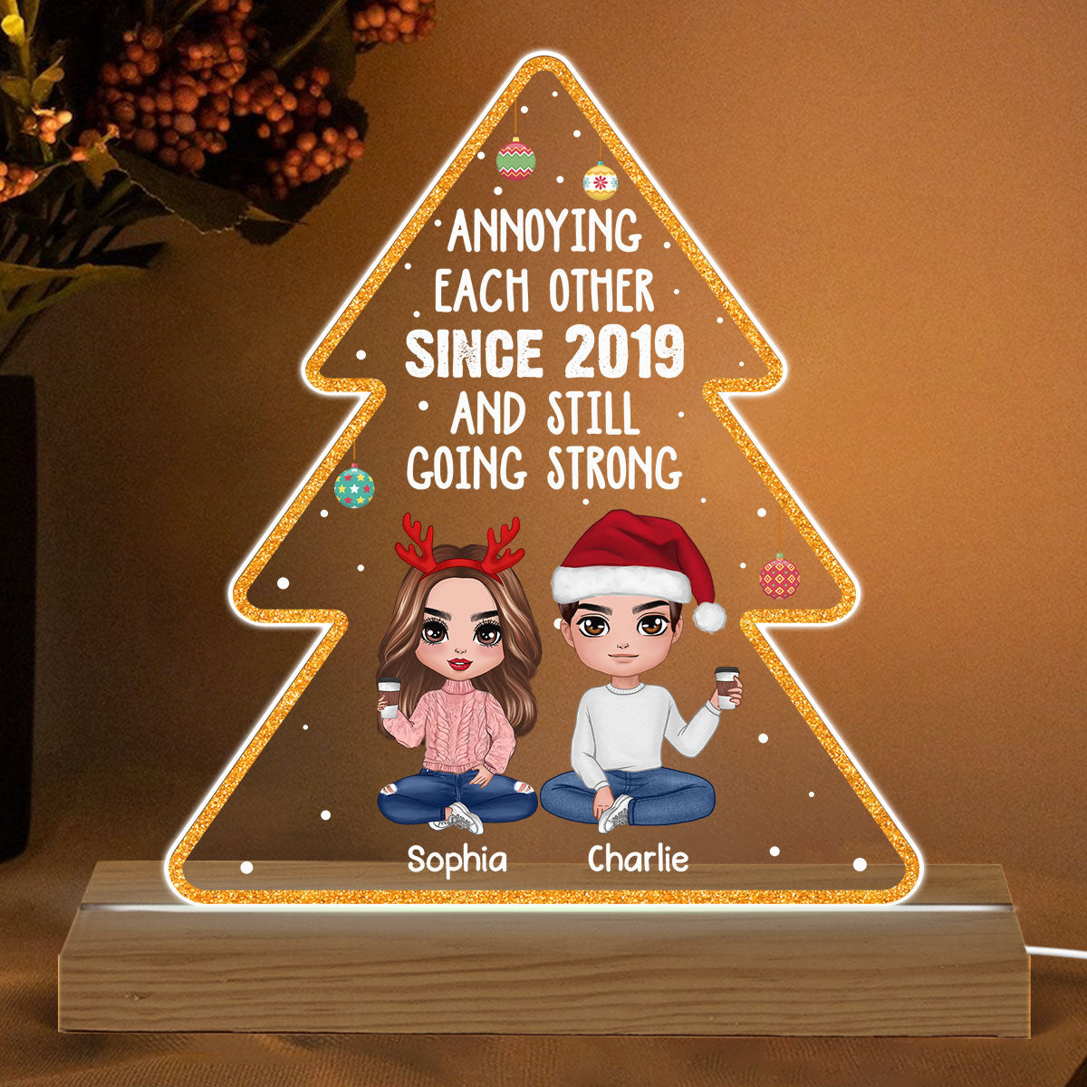 Doll Couple Sitting Annoying Each Other Since Personalized Christmas Tree Shaped Acrylic Plaque With LED Night Light