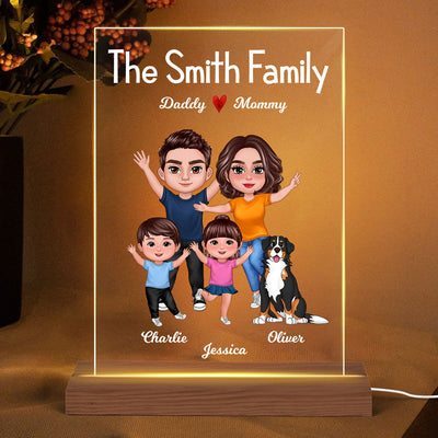 Happy Family Pretty Doll Couple Dad Mom Kids Dogs Cats Personalized Rectangle Acrylic Plaque LED Lamp Night Light