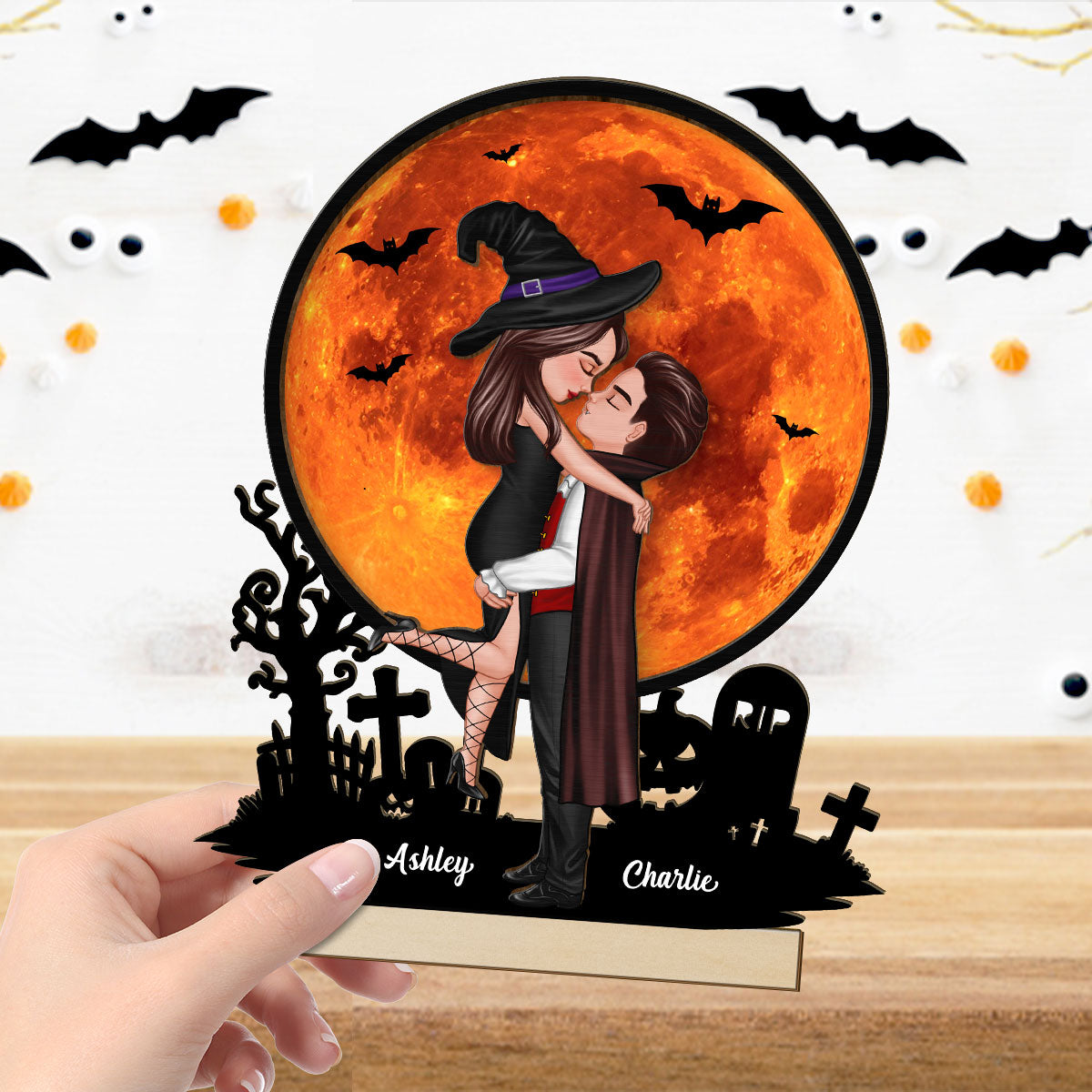 Couple Hugging Under Halloween Moon Tabletop Tier Tray Decor Personalized 2-Layer Standing Wooden Plaque