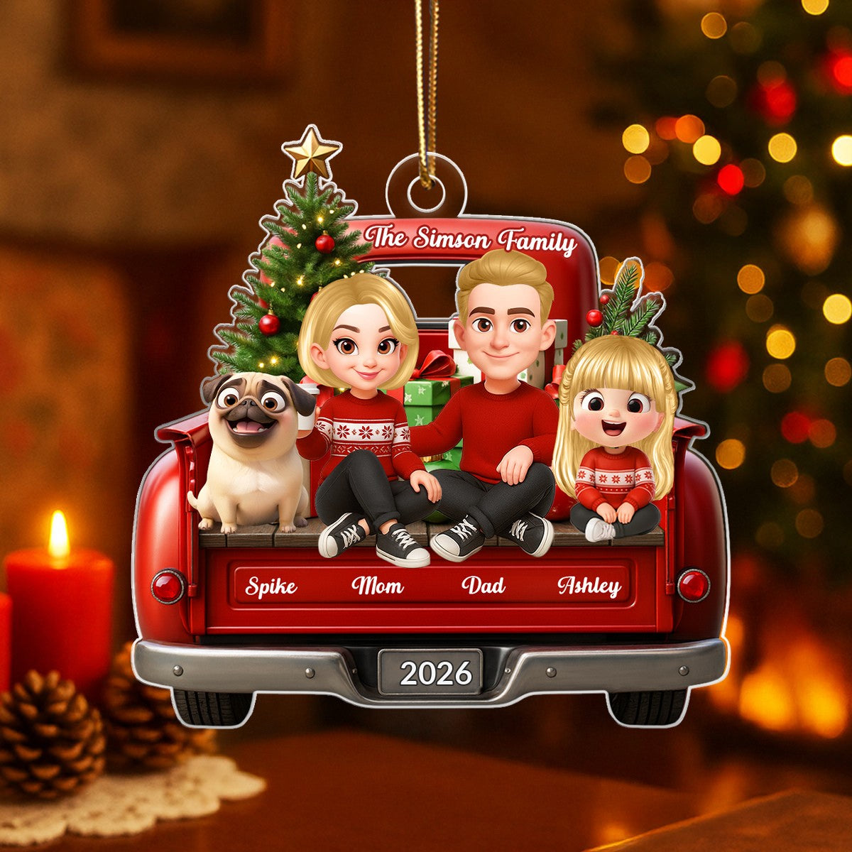 Family Sitting On Christmas Truck Personalized Acrylic Ornament, Christmas Gift for Husband, Wife