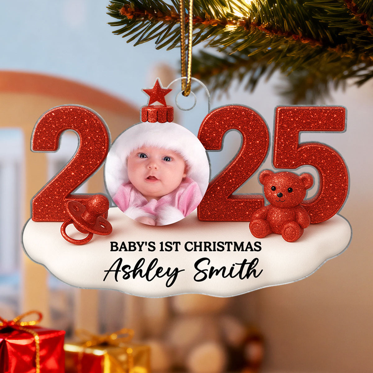 Baby Photo 2025 First Christmas 3D Glitter Effect - Personalized Acrylic Ornament - Christmas Gift for New Parent, Newborn Keepsake