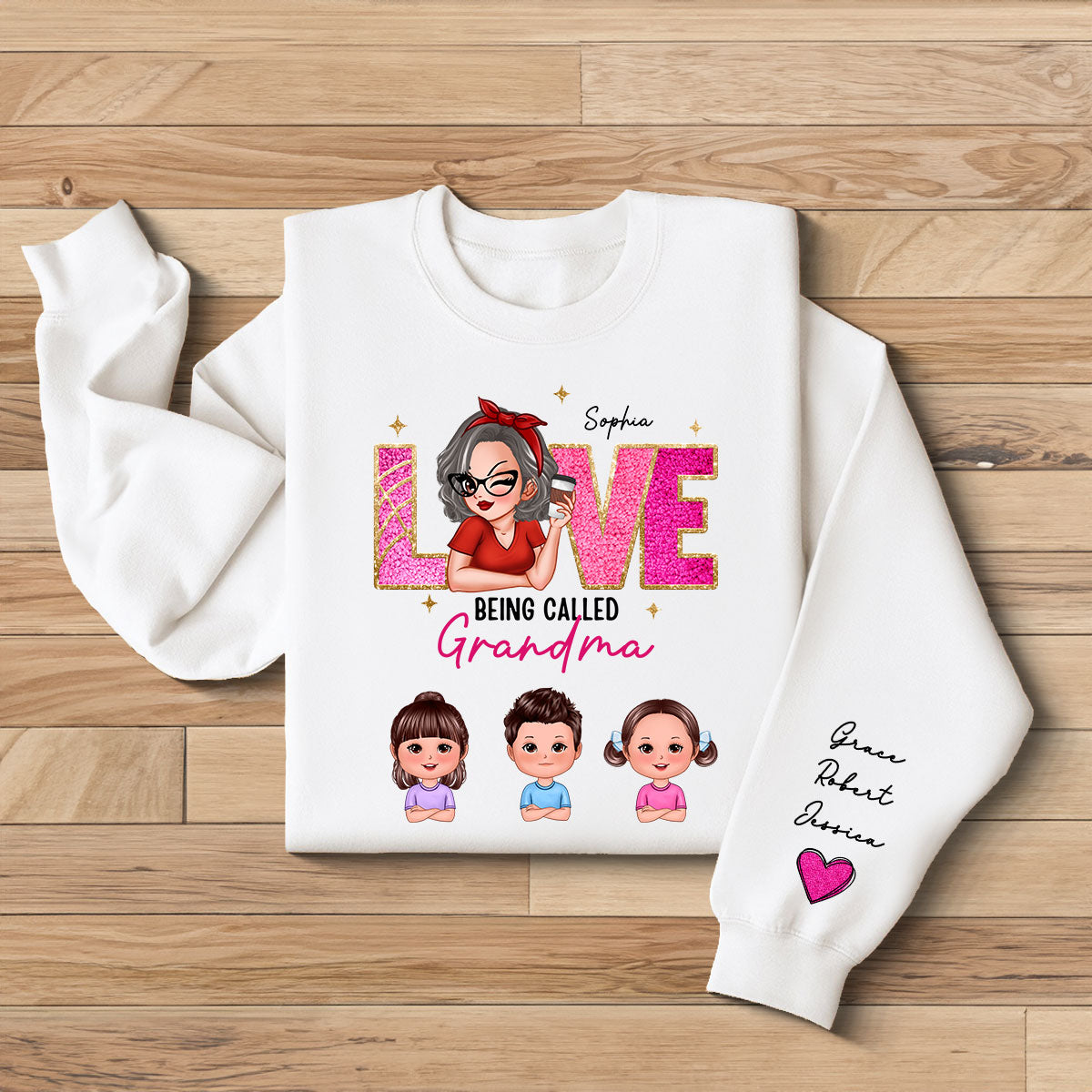 Love Being Called Grandma Glitter Texture Personalized Sleeve Printed Sweatshirt