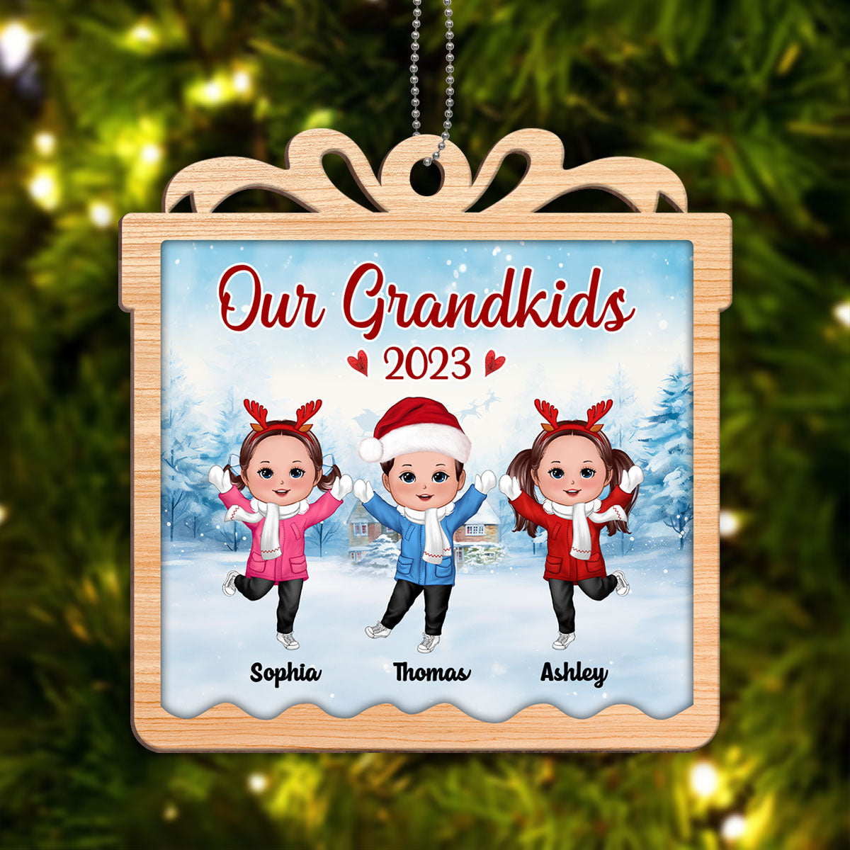 Our Grandkids Happy Kids In Snow Personalized Gift Box Shaped Wooden Ornament