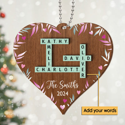 Family Crossword Puzzle Art Personalized Heart Shaped 2-Layered Wooden Ornament, Christmas Gift for Family & Friends