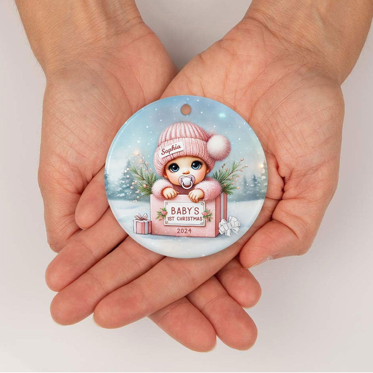 Watercolor Baby Inside Gift Box Personalized Ceramic Ornament, Christmas Gift for New Mom New Dad