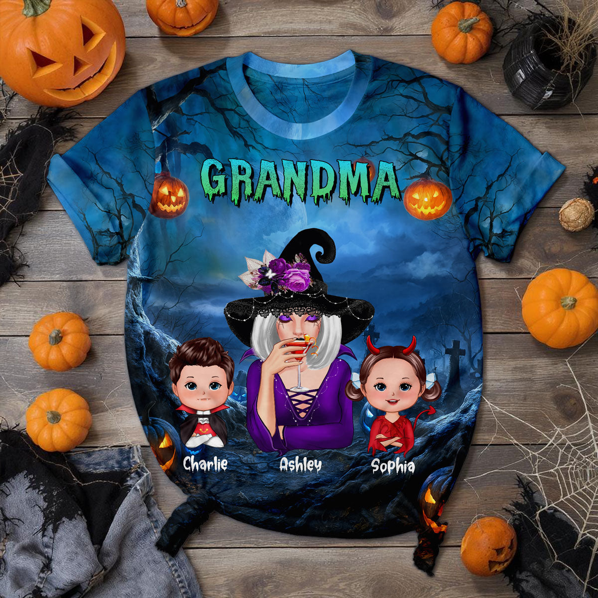 Cool Grandma Witch & Kids In Halloween Night Personalized Shirt, Halloween Costume for Grandma