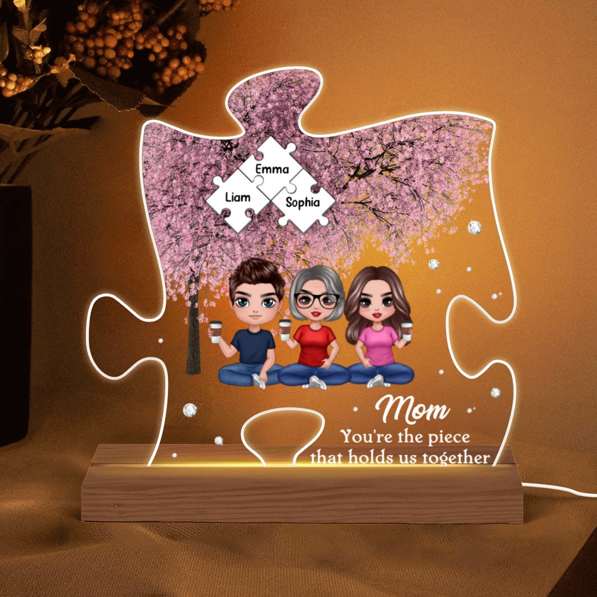 Mom The Piece That Holds Us Together Pink Tree Personalized Acrylic Puzzle LED Night Light