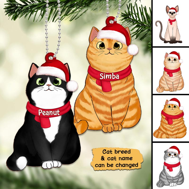 Fluffy Cat Christmas Hat Personalized Wooden Ornament