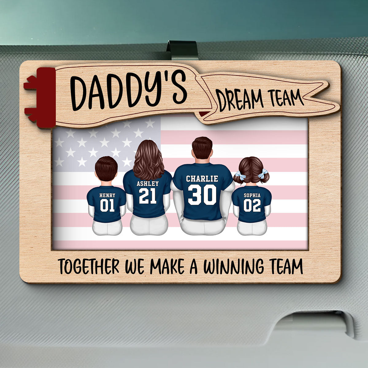 Daddy's Team Football Family Sitting Personalized Car Visor Clip, Gift For Dad, Grandpa, Husband