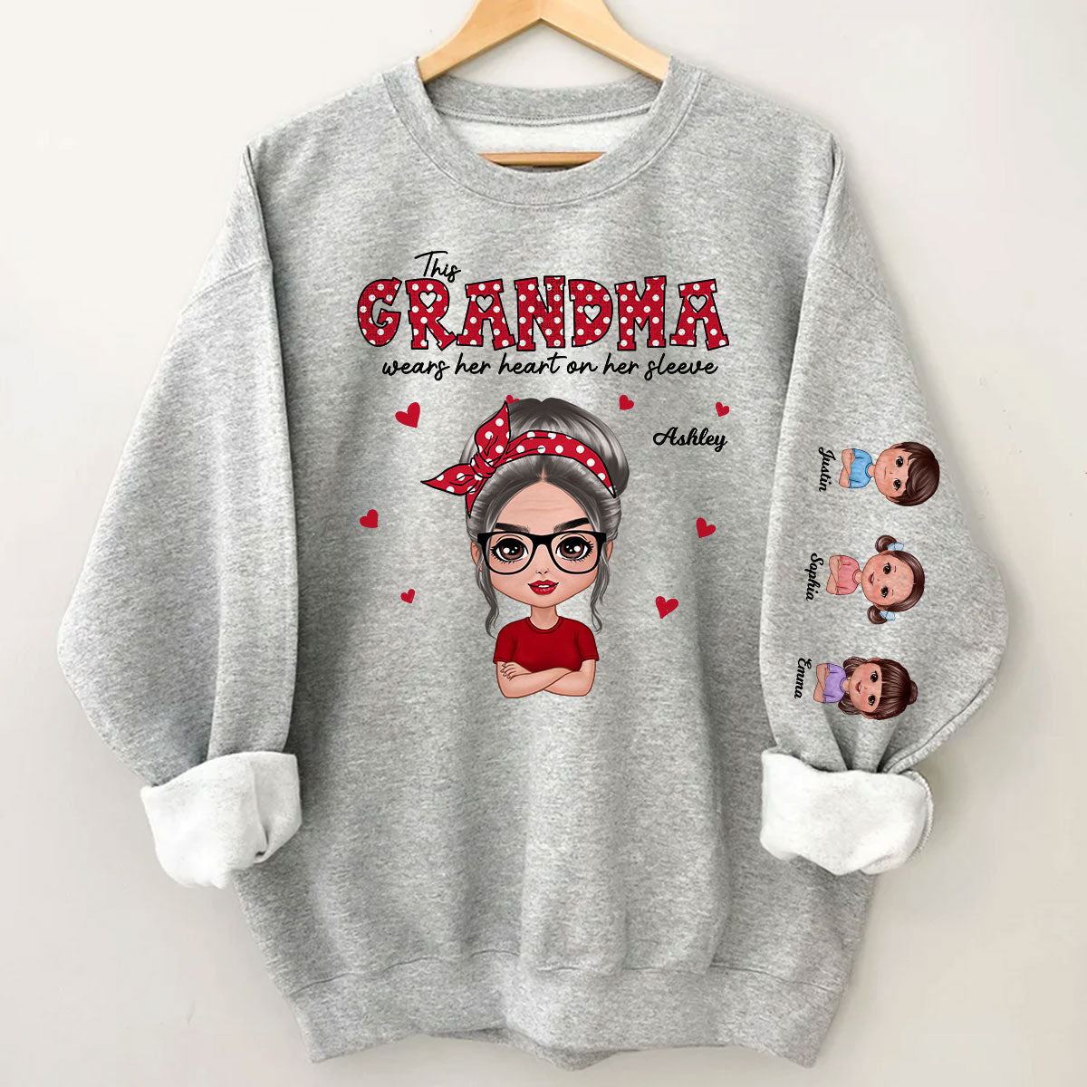 This Grandma Wears Her Heart On Her Sleeve Polka Dot Pattern Personalized Sleeve Printed Sweatshirt