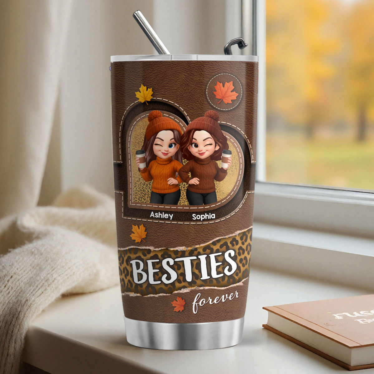 Fall Season Besties Sisters Fall Leather Pattern Personalized Tumbler