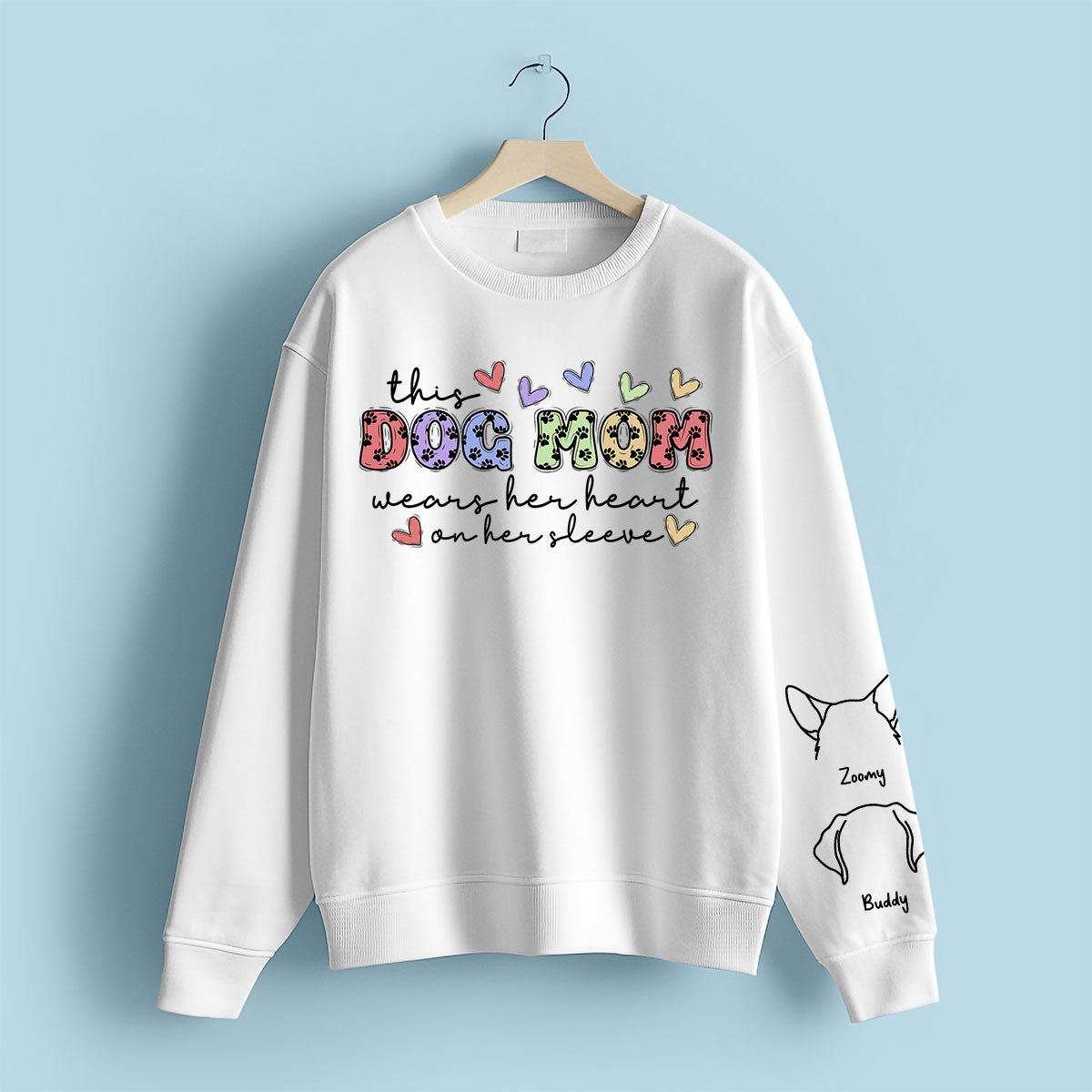 Dog Mom Colorful Paw Pattern, This Dog Mom Wears Her Heart On Her Sleeve, Custom Dog Name, Dog Mama, Personalized Sleeve Printed Sweatshirt