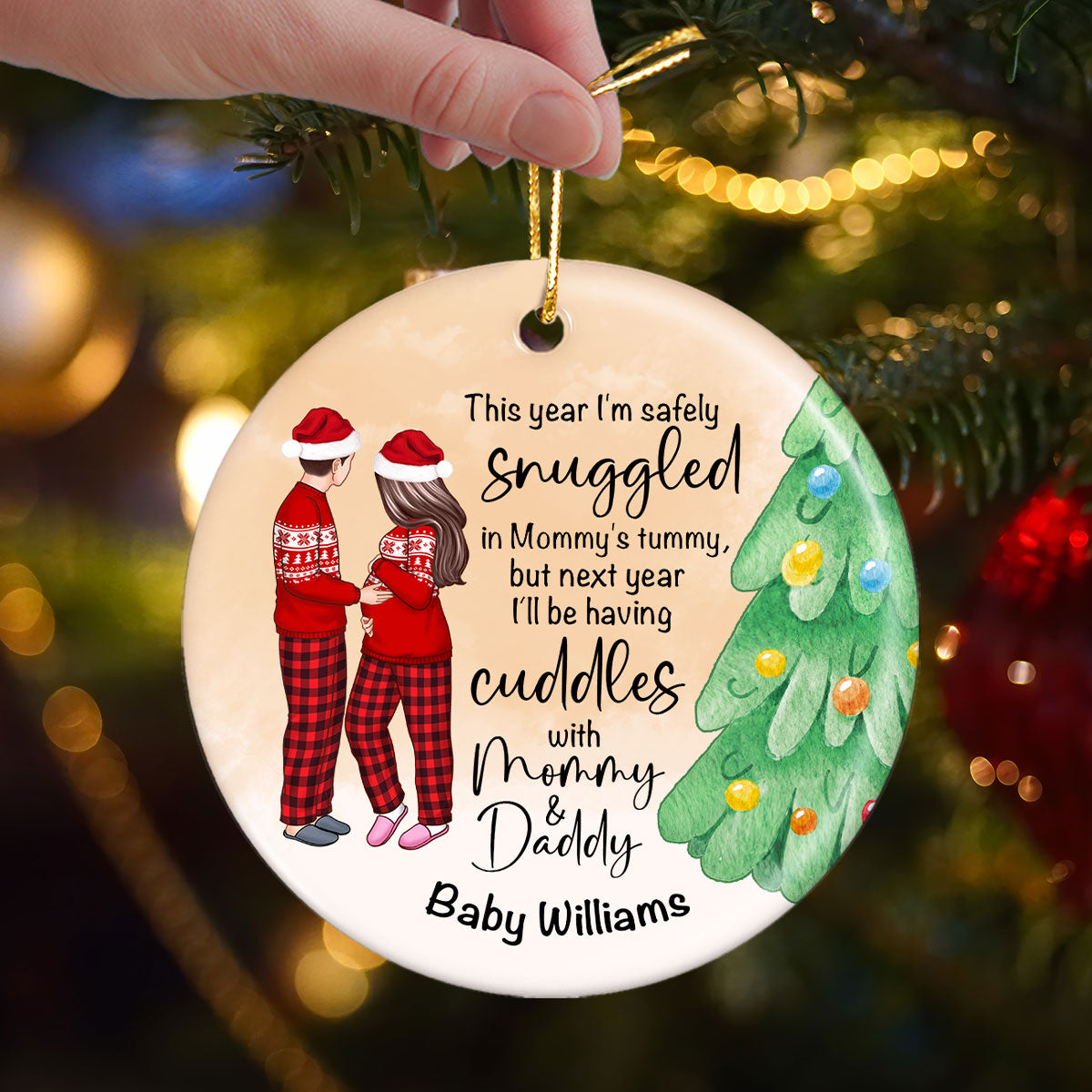 Bump Christmas, Pregnant Couple Ornament, Snuggled in Mommy's Tummy, Personalized Circle Ceramic Ornament