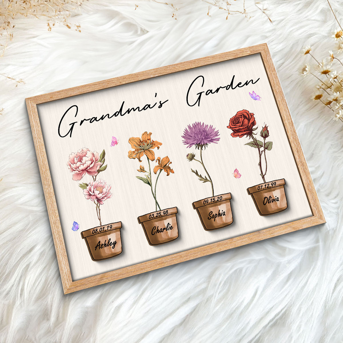 Grandma Garden Vintage Birth Month Flowers Pots Mother‘s Day Gift Personalized 2-Layer Wooden Plaque