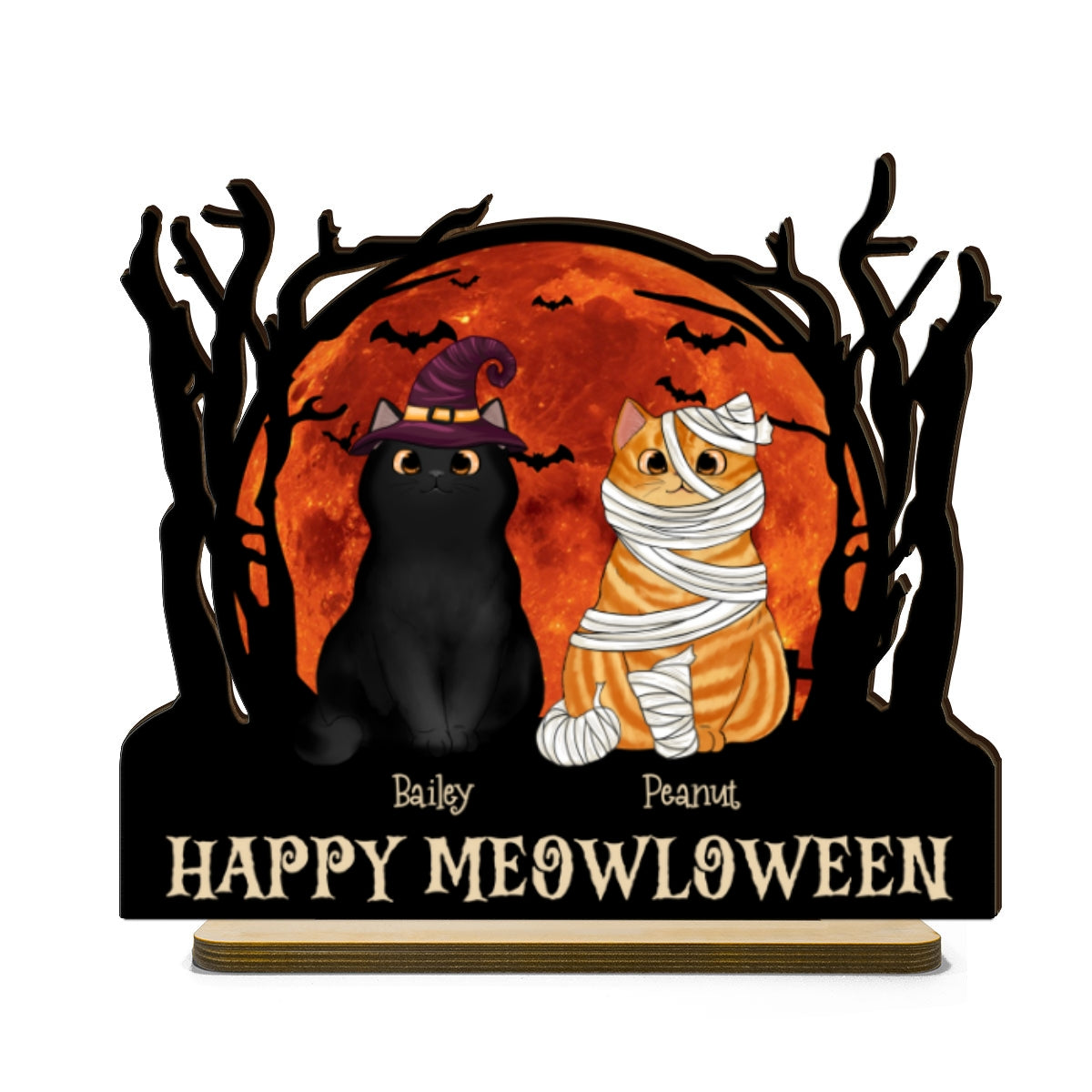 Stay Spooky Halloween Moon Scene Cat Lover Tabletop Tier Tray Decor Personalized 2-Layer Standing Wooden Plaque
