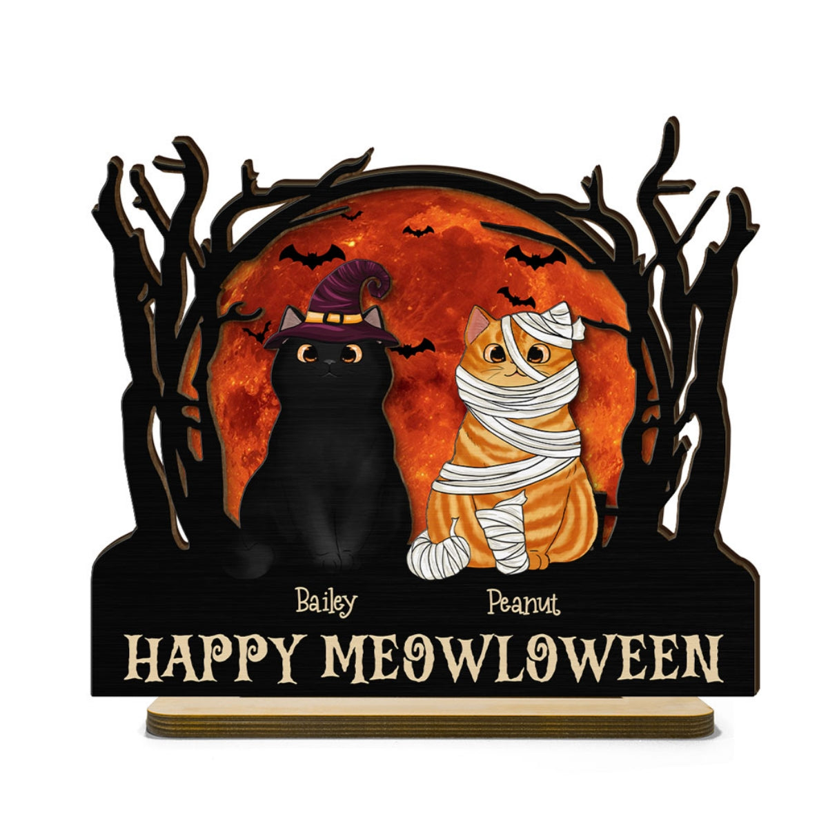 Stay Spooky Halloween Moon Scene Cat Lover Tabletop Tier Tray Decor Personalized 2-Layer Standing Wooden Plaque
