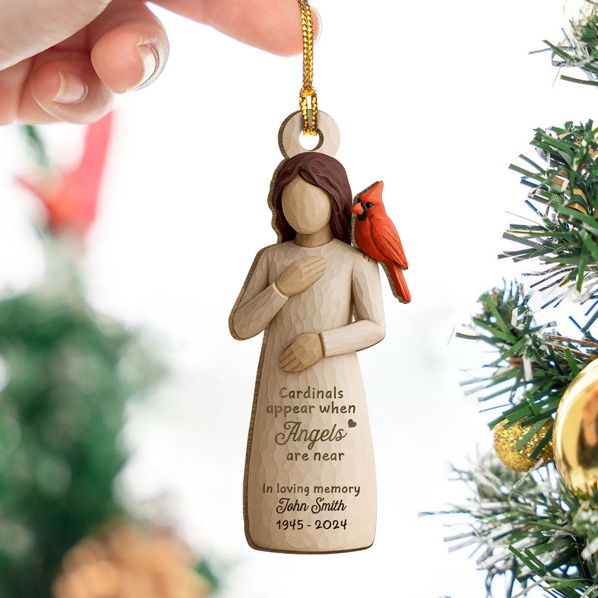 Always With You Cardinal & Woman 3D Effect Personalized Wooden Ornament, Memorial Sympathy Gift