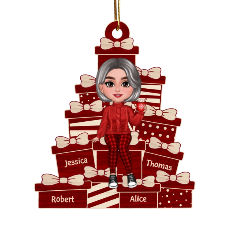 Grandma Mom Sitting On Christmas Gifts Personalized Wooden Ornament
