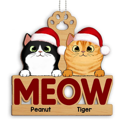Fluffy Cats Meow Christmas Personalized Wooden Ornament