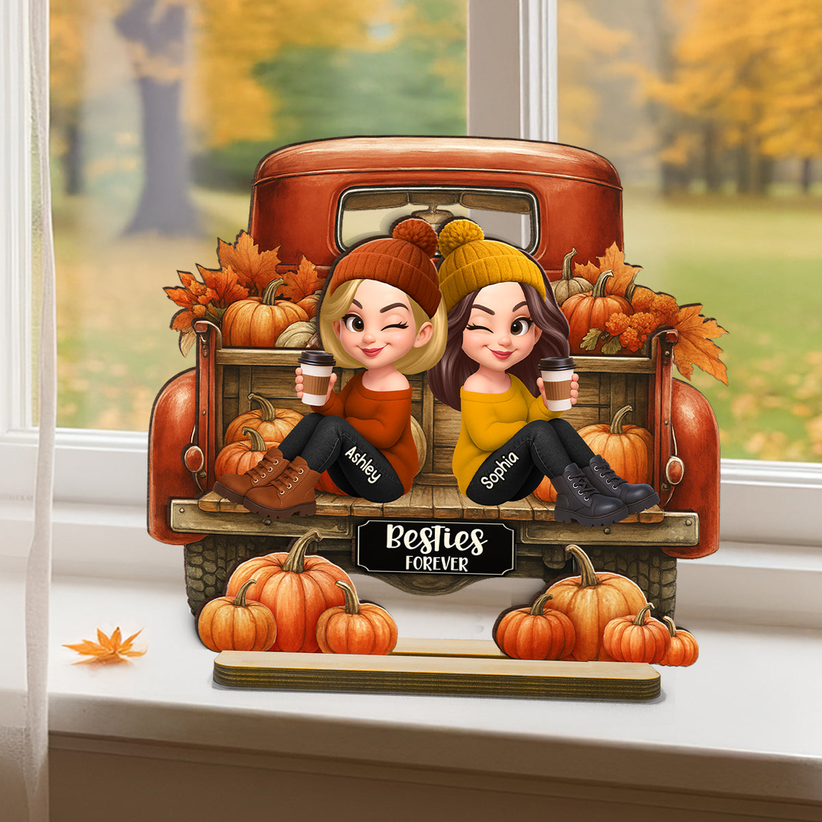 Besties Sitting on Fall Truck Personalized Standing Wooden Plaque, Cozy Fall Decor, Fall Gift for Best Friends