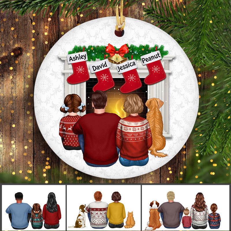 Family Mom Dad Kid Dog Cat At Fireplace Stocking Personalized Circle Ornament
