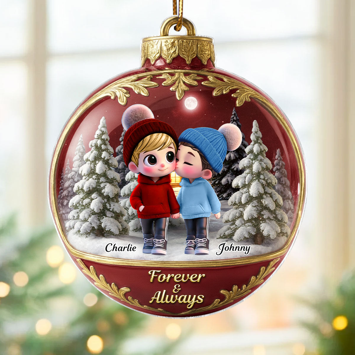 3D Effect Snow Globe Cartoon Couple Walking - Personalized Acrylic Ornament - Christmas Gift for him, Gift for her