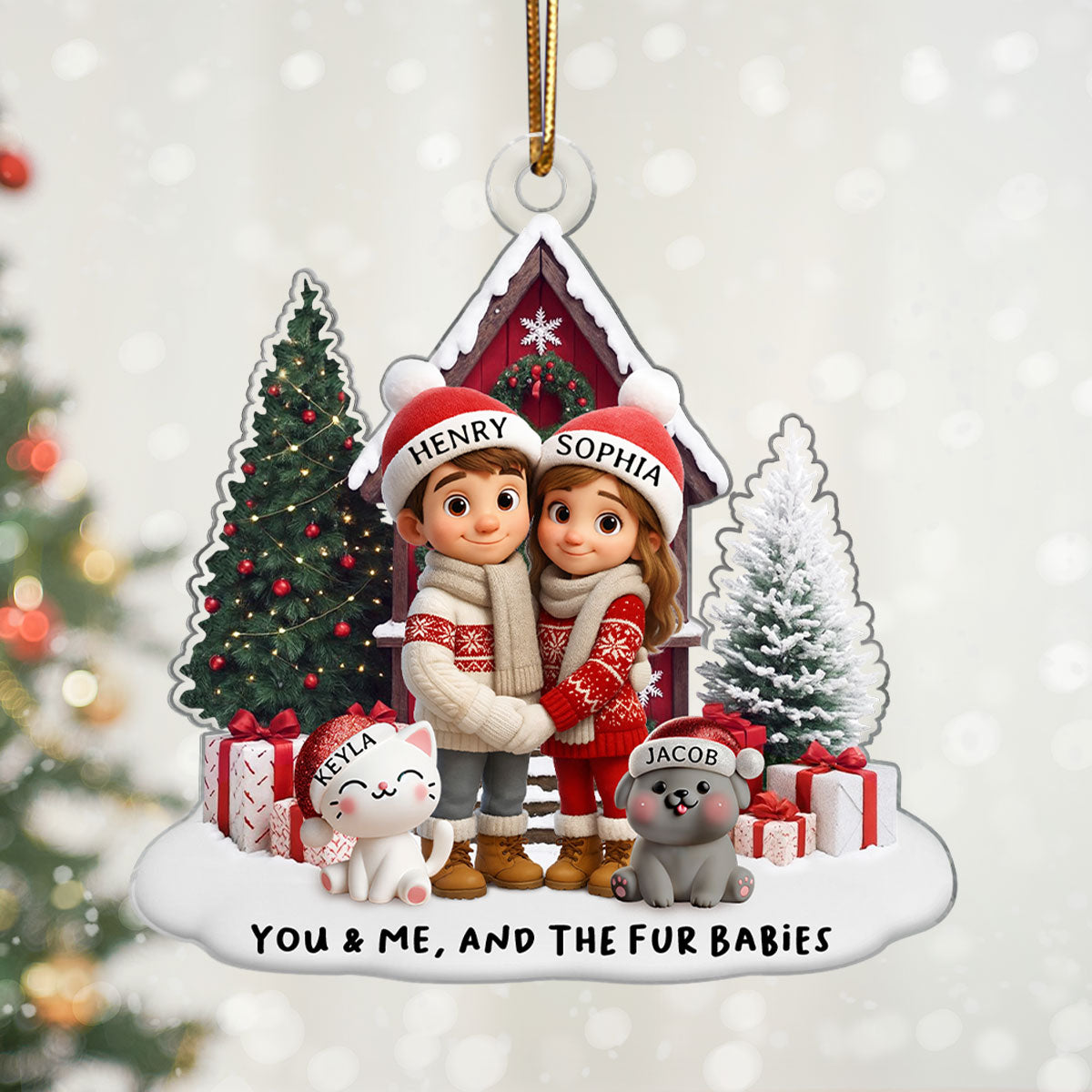 Couple & Dogs Cats Farm House - Personalized Acrylic Ornament - Christmas Gift for him, Gift for her, Gift for Pet Lovers
